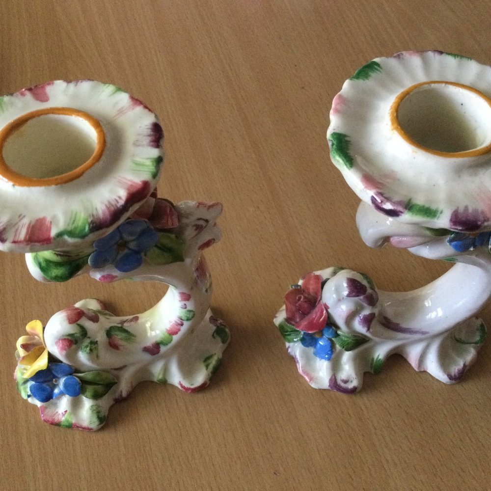 A Pair Italian ceramic porcelain candleholders hand painted applied 3D flowers